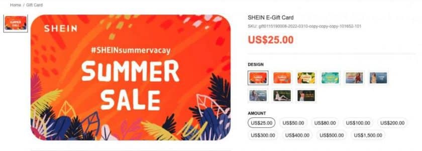 cartão presente de shein